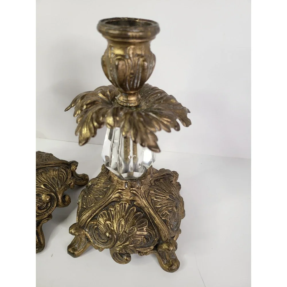 Vintage Ornate Brass and Faceted Crystal Taper Candle Holders Pair Rococo Style